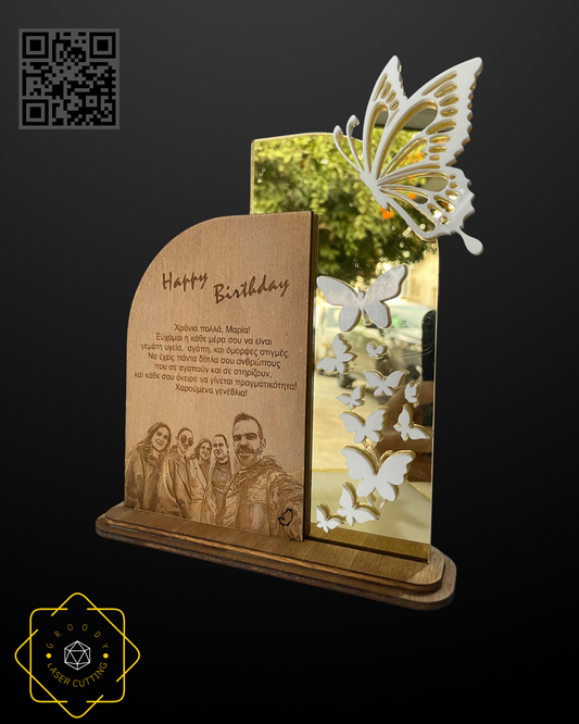 Handmade Wooden Keepsake with Mirror & Butterflies – Personalized Engraved Photo & Message