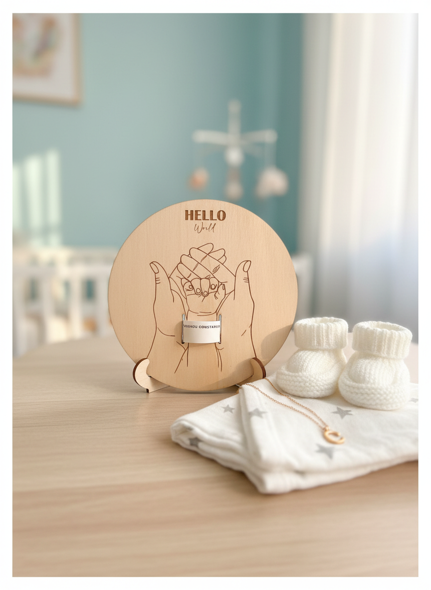 Wooden Birth Keepsake “Hello World” – Personalized Baby Gift
